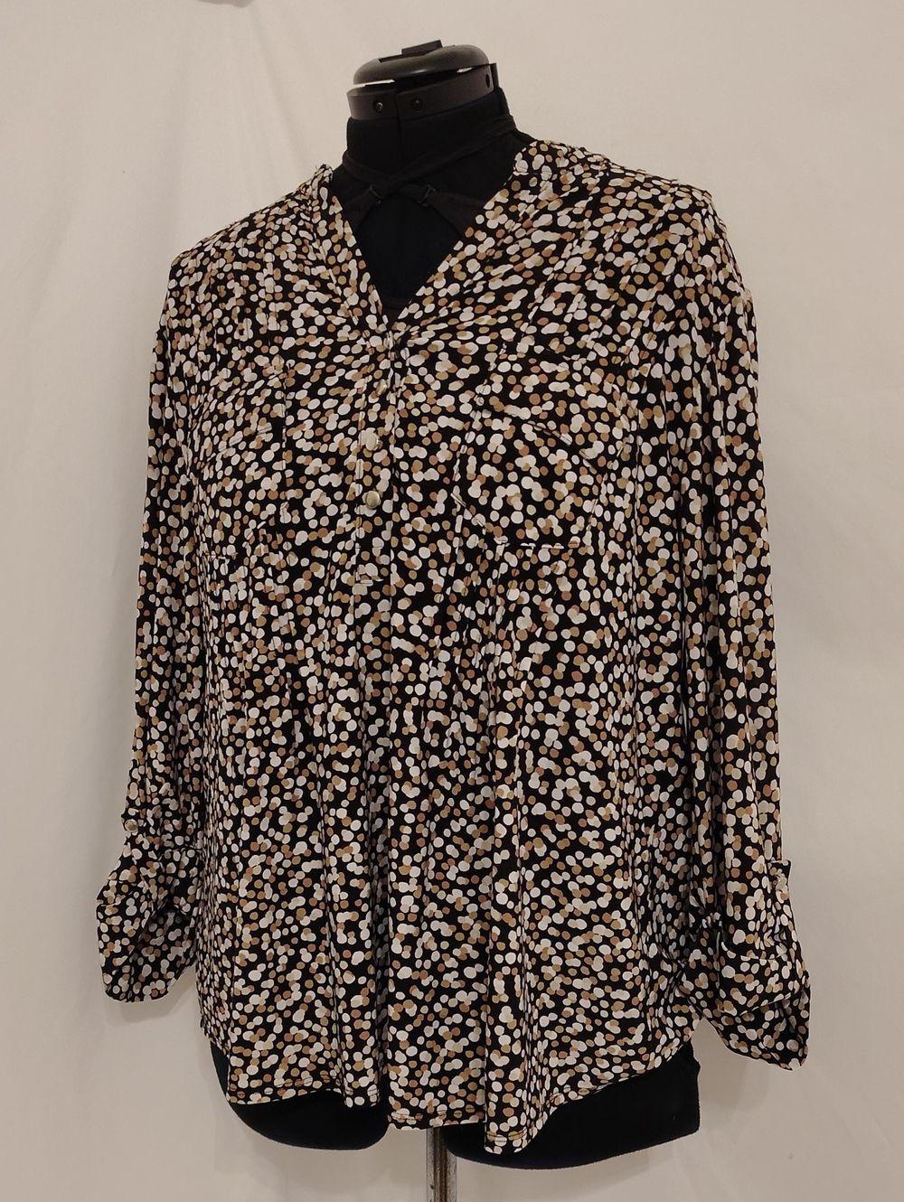 Cocomo Black Blouse with Tan & White Dot Print